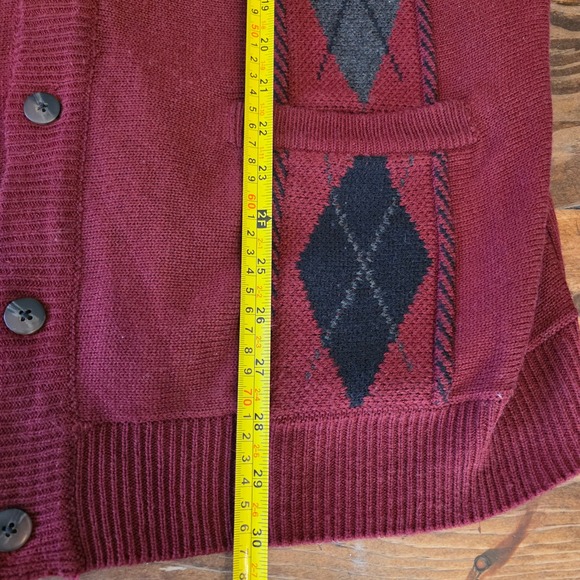 Haband Mens XL Cardigan Sweater Burgundy Argyle V Neck Button Front Pockets - Picture 5 of 5